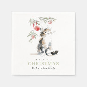 Serviette En Papier Joli Arbre de Noël Chat Aquarelle Moderne