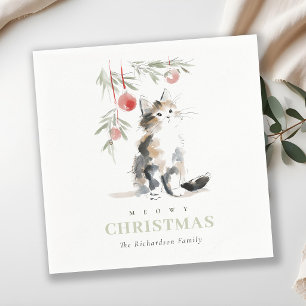 Serviette En Papier Joli Arbre de Noël Chat Aquarelle Moderne