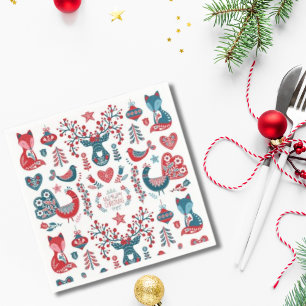 Serviette En Papier Joli art folklorique scandinave de Noël rouge et m