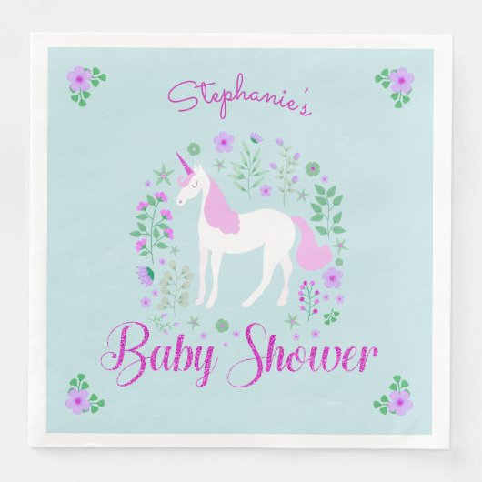 Serviette En Papier Joli Baby shower Aqua rose Unicorne Personnalisé (Devant)
