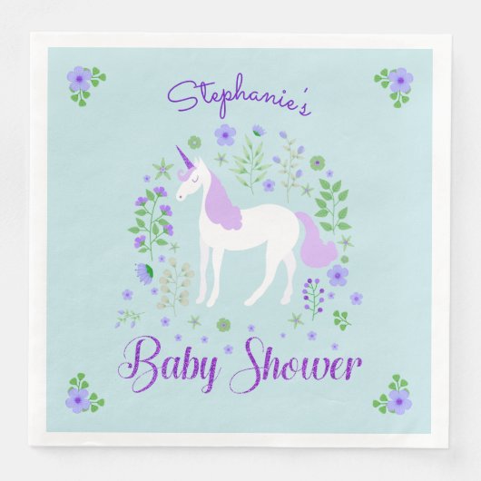 Serviette En Papier Joli Baby shower d'Aqua violet Unicorne Customisé (Devant)