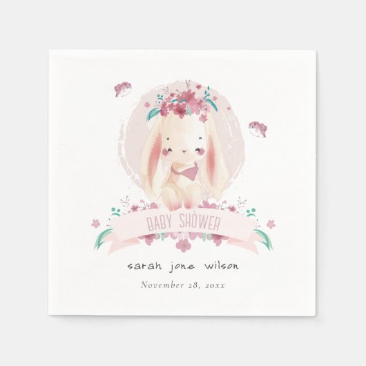 Serviette En Papier Joli Baby shower de lapin et d'oiseaux rose et élé (Devant)