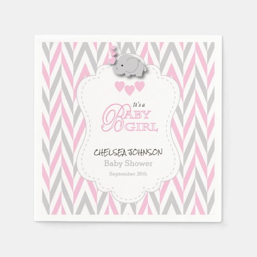 Serviette En Papier Joli Baby shower d'éléphant rose, blanc et gris 2 (Devant)