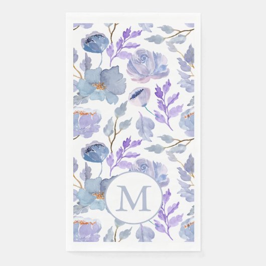 Serviette En Papier Joli bleu bleu Lilac Aquarelle Floral Monogramme (Devant)