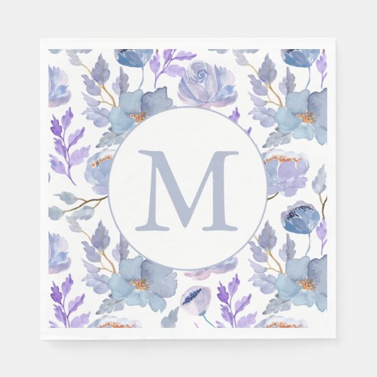 Serviette En Papier Joli bleu bleu Lilac Aquarelle Floral Monogramme (Devant)