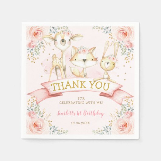 Serviette En Papier Joli Blush or Floral Bois Animaux Anniversaire (Devant)