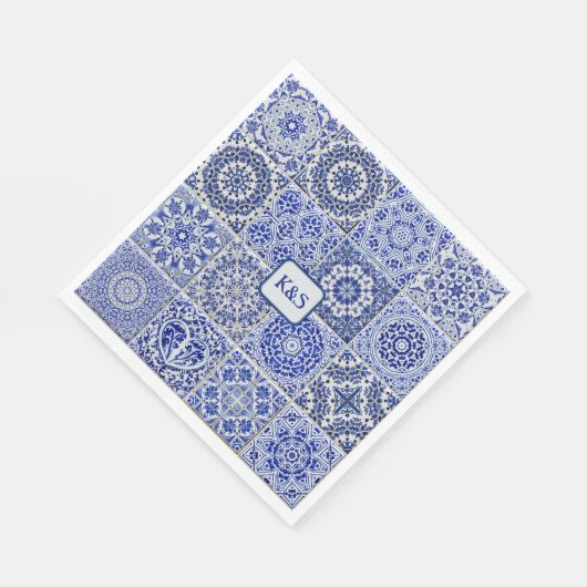 Serviette En Papier Joli carreaux peints en bleu et blanc avec initial (Coin)