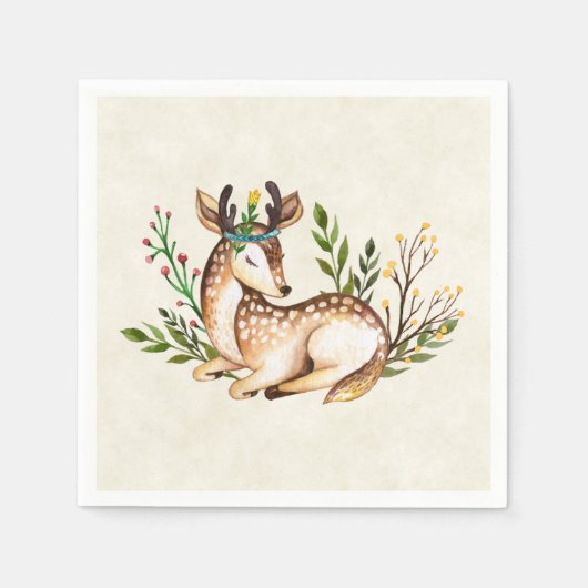 Serviette En Papier Joli Cerf Aquarellé Posé En Bas Boho (Devant)