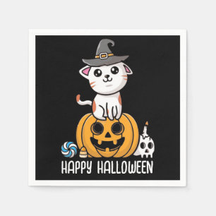 Serviette En Papier Joli Chat Assis sur Citrouille Halloween