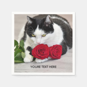Serviette En Papier Joli chat avec la rose rouge