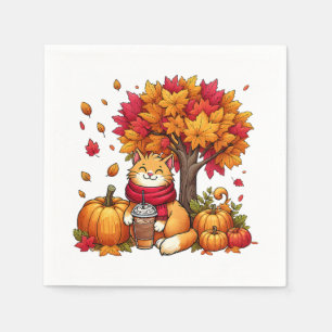 Serviette En Papier Joli Chat d'Automne avec Citrouilles de Café Glacé