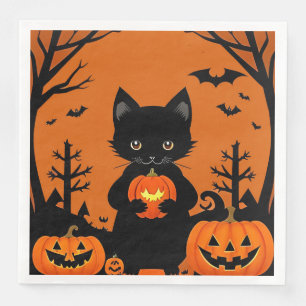 Serviette En Papier Joli chat noir avec des citrouilles d'Halloween