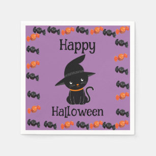 Serviette En Papier Joli chat noir en chapeau de sorcière Joyeux Hallo