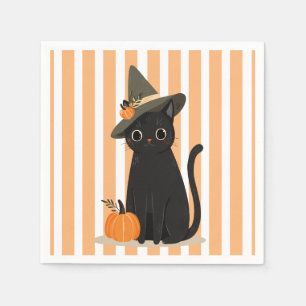 Serviette En Papier Joli chat noir Halloween avec chapeau de sorcière