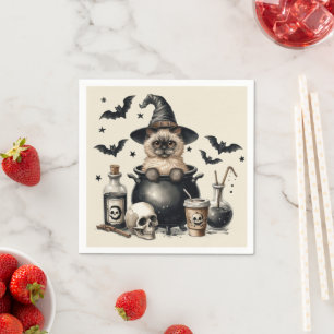 Serviette En Papier Joli chat vintage dans un halloween de chaudron