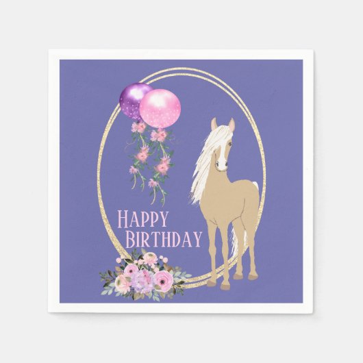 Serviette En Papier Joli Cheval et Fleurs Pink Périwinkle Anniversaire (Devant)