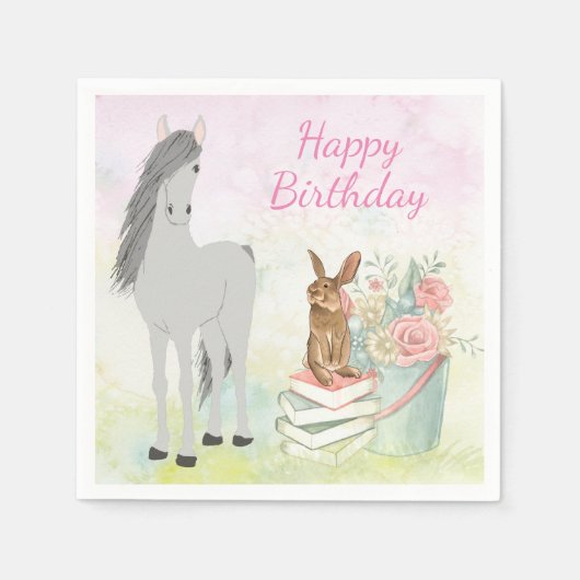 Serviette En Papier Joli cheval, lapin et fleurs Joyeux anniversaire (Devant)