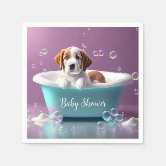 Serviette En Papier Joli chiot dans une baignoire avec bulles de savon (Devant)
