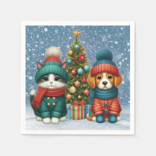 Serviette En Papier Joli chiot de Noël & chaton