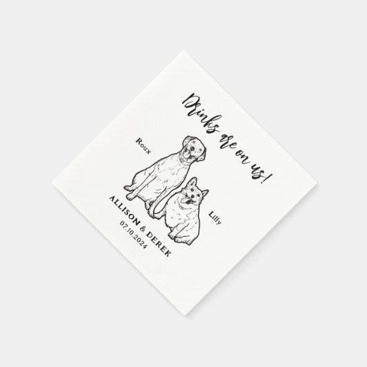 Serviette En Papier Joli dessin animal personnalisé 2 chiens Mariage (Coin)