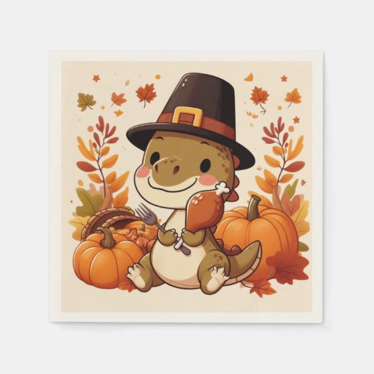 Serviette En Papier Joli dinosaure de Thanksgiving (Devant)