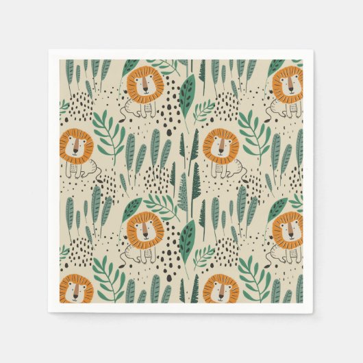 Serviette En Papier Joli Doodle Lion Jungle Rainforest Motif (Devant)