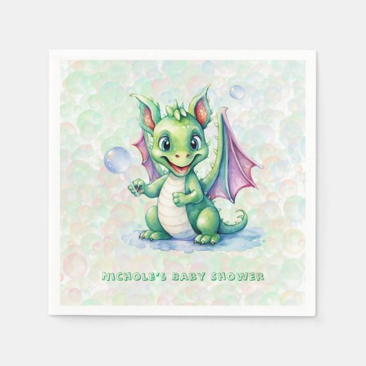 Serviette En Papier Joli Dragon vert avec Baby shower de garçon Bubble (Devant)