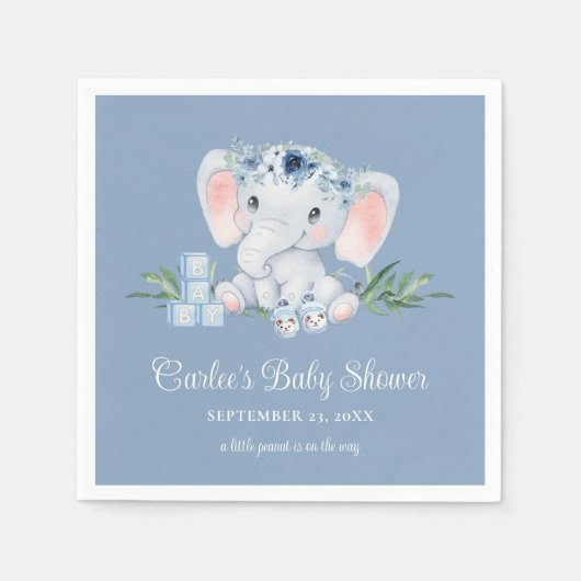 Serviette En Papier Joli éléphant Blue Floral Boy Baby shower (Devant)