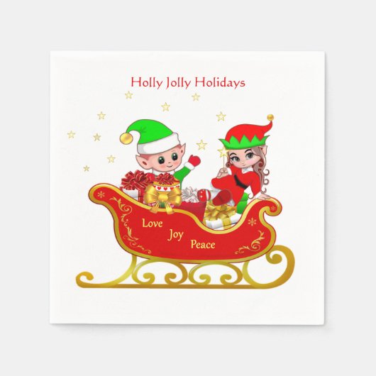 Serviette En Papier Joli elfe de Noël en traîneau avec des présents (Devant)