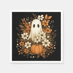 Serviette En Papier Joli Fantôme avec Citrouille et Fleurs d'Automne –