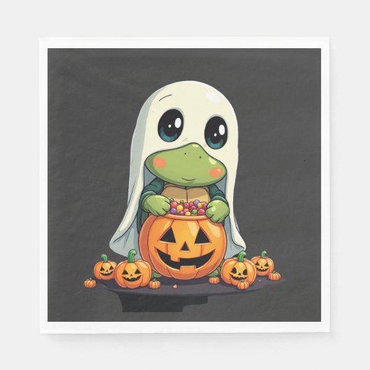 Serviette En Papier Joli fantôme de tortue d'Halloween avec des bonbon (Devant)