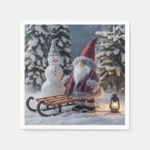 Serviette En Papier Joli gnome en Père Noël habillé avec un traîneau
