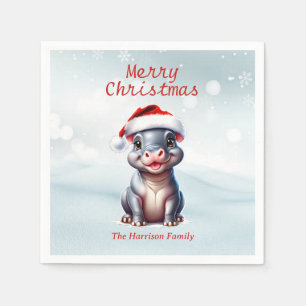 Serviette En Papier Joli Hippopotame Santa Hat Snowy Noël