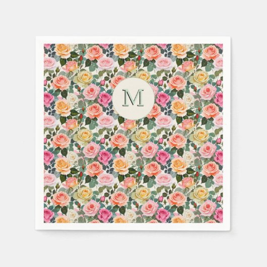 Serviette En Papier Joli Jardin Floral Monogrammé Roses Élégant (Devant)