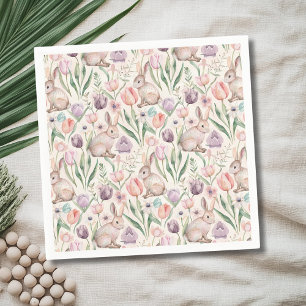 Serviette En Papier Joli Lapin Gris avec Tulipes Colorées