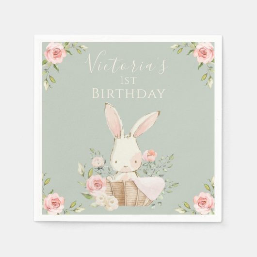 Serviette En Papier Joli Lapin Rose 1 Un Premier Anniversaire Vert (Devant)