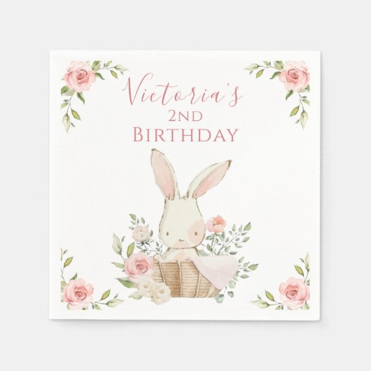 Serviette En Papier Joli Lapin Rose 2 Deux Deuxième Anniversaire (Devant)