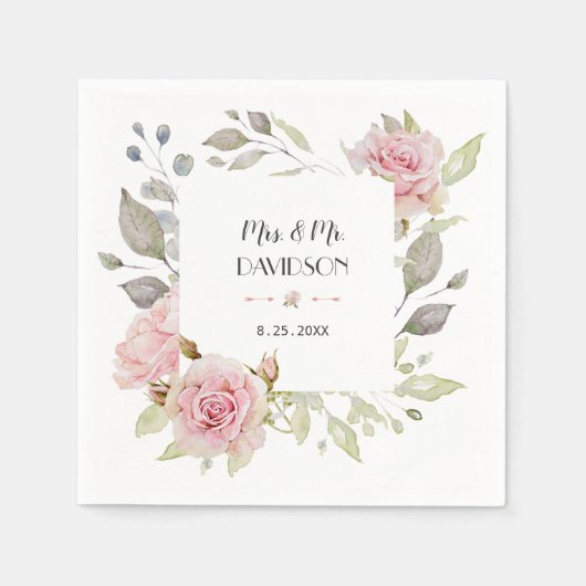 Serviette En Papier Joli Mariage à fleurs rose pâle (Devant)
