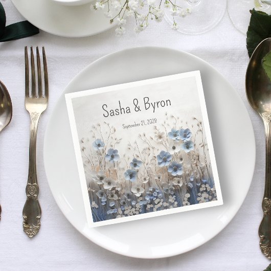 Serviette En Papier Joli Mariage Jardin Fleur 3D Bleu et Blanc