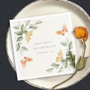 Serviette En Papier Joli Mariage Papillons Feuillage Jaune Jardin