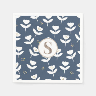 Serviette En Papier Joli monogramme simple floral bleu et blanc