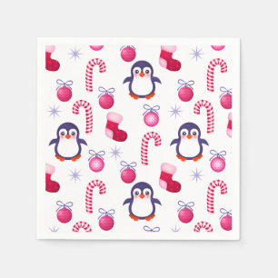 Serviette En Papier Joli Motif de Noël rose et blanc avec des pingouin