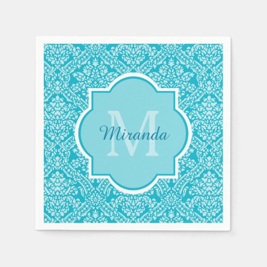Serviette En Papier Joli Motif Turquoise Damask Monogramme Avec Nom (Devant)