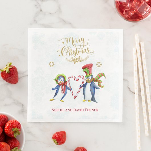 Serviette En Papier Joli Mr et Mme Penguins Joyeux Script de Noël (En situation)