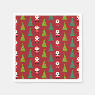 Serviette En Papier Joli Noël Arbres & Père Noël Motif Rouge