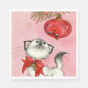 Serviette En Papier Joli Noël rétro Vintage Kitty Cat Tree rose