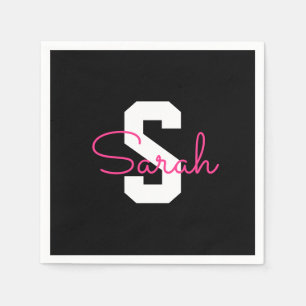 Serviette En Papier Joli nom et monogramme Noir Blanc & Rose
