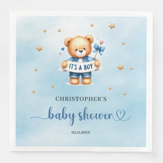 Serviette En Papier Joli ours en peluche avec ruban c'est un baby show (Devant)