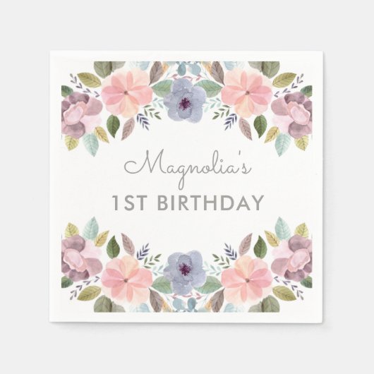 Serviette En Papier Joli Pastel Aquarelle Florale Anniversaire Nom (Devant)