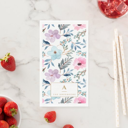 Serviette En Papier Joli Pastel Blue Aquarelle Fleurs Monogramme (En situation)